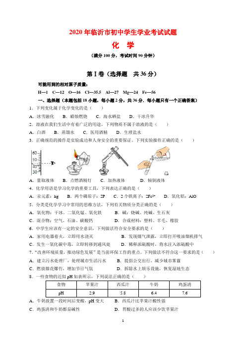 2020年山东省临沂市中考化学试题及参考答案(word解析版)