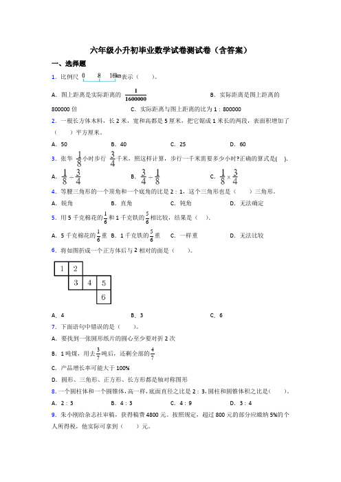 六年级小升初毕业数学试卷测试卷(含答案)