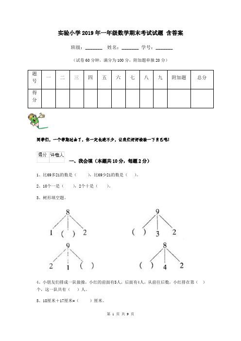 实验小学2019年一年级数学期末考试试题 含答案