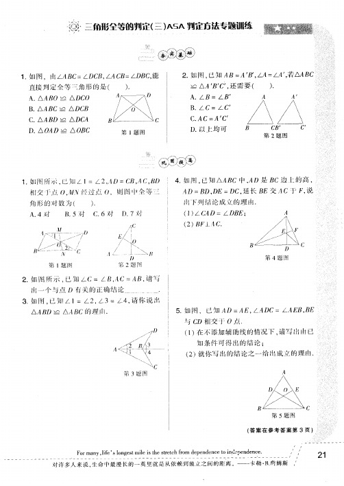 三角形全等的判定(三)ASA判定方法专题训练