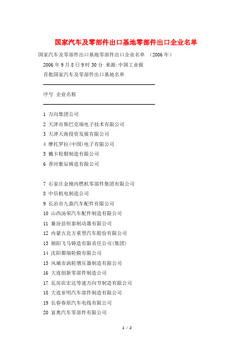 国家汽车及零部件出口基地零部件出口企业名单