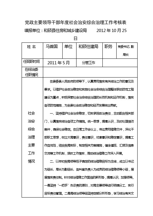 党政主要领导干部年度社会治安综合治理工作考核表