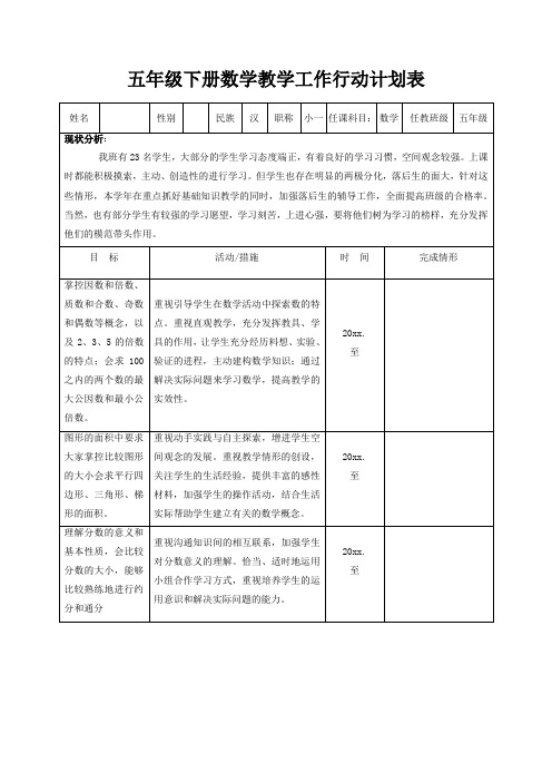 五年级下册数学教学工作行动计划表