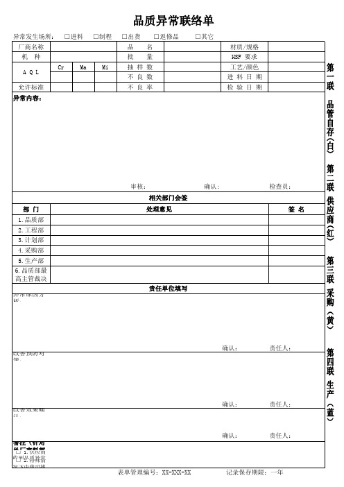 品质异常联络单[空白模板]