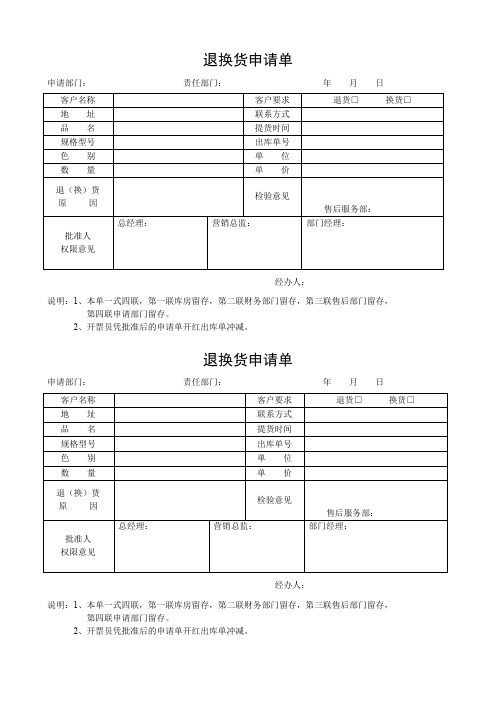 退换货申请单模板