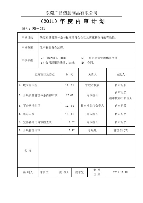 质量管理体系年度内审计划