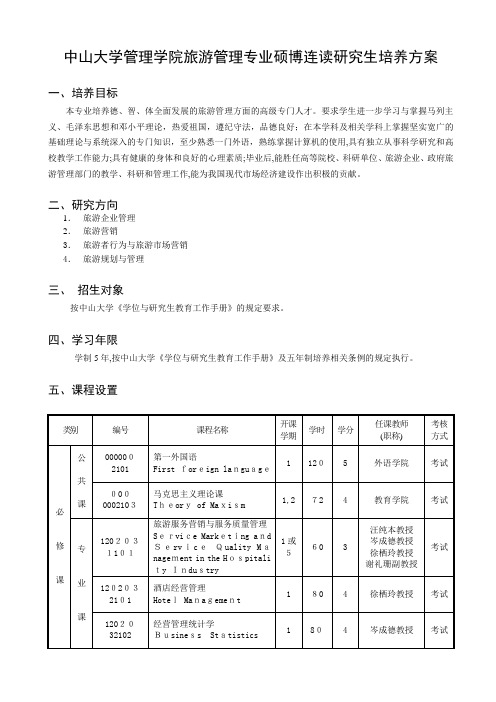 中山大学管理学院旅游管理专业硕博连读研究生培养方案