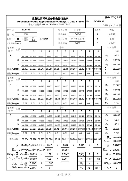 61-重复性及再现性分析数据记录表