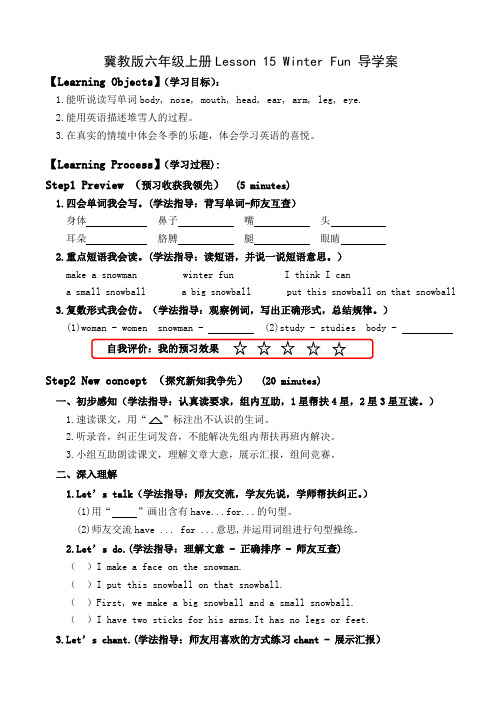 冀教版六年级上册Lesson 15 Winter Fun 导学案