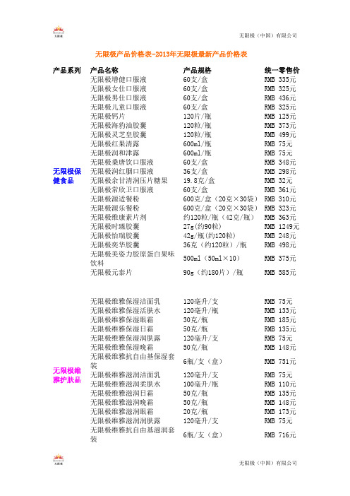 无限极产品价格表-2013年无限极最新产品价格表