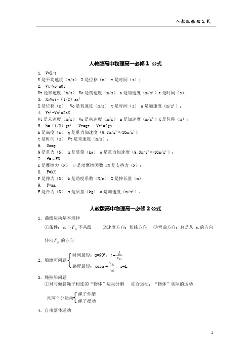 人教版高中物理必修一、必修二公式