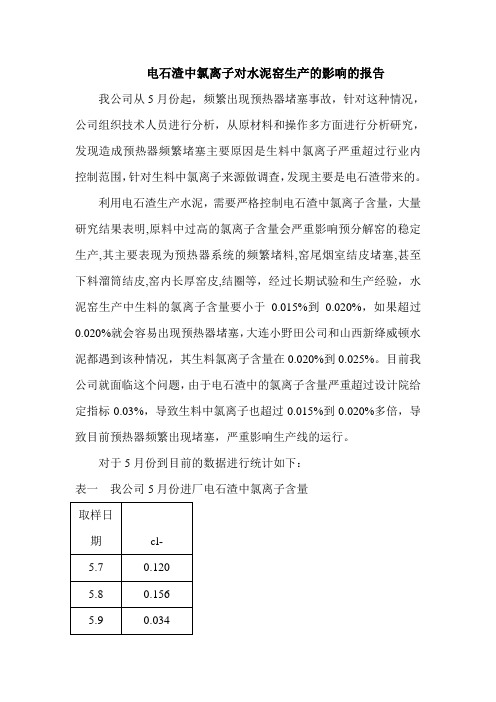 电石渣中氯离子对水泥窑生产的影响的报告