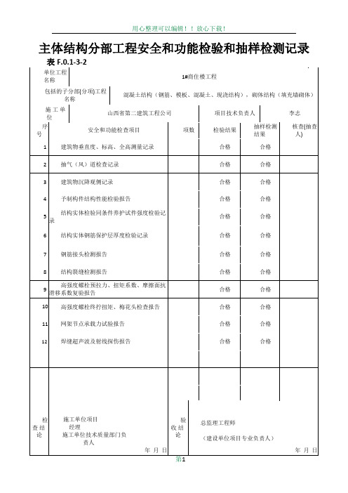 主体结构分部工程安全和功能检验和抽样检测记录