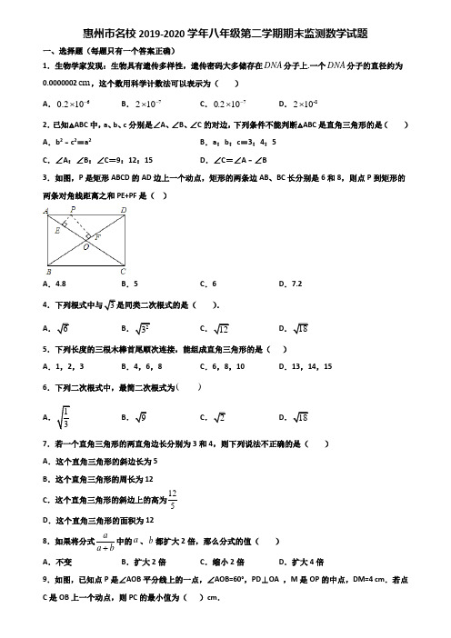 惠州市名校2019-2020学年八年级第二学期期末监测数学试题含解析