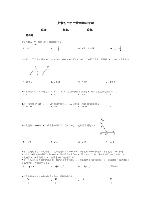 安徽初二初中数学期末考试带答案解析
