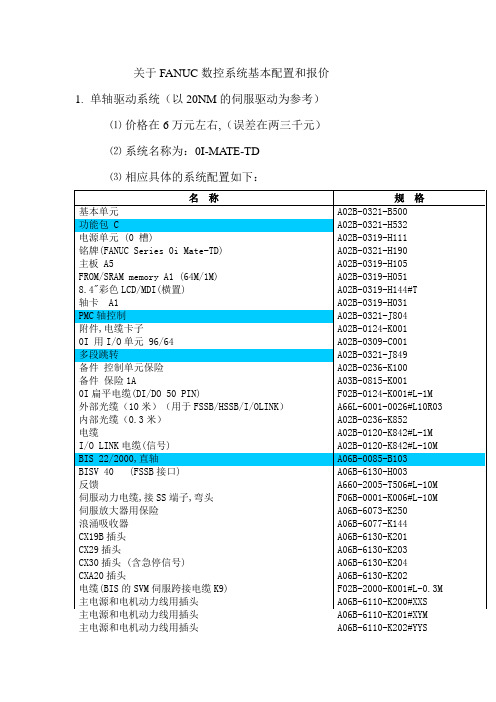 关于FANUC数控系统基本配置和报价