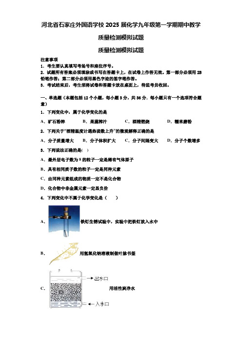 河北省石家庄外国语学校2025届化学九年级第一学期期中教学质量检测模拟试题含解析