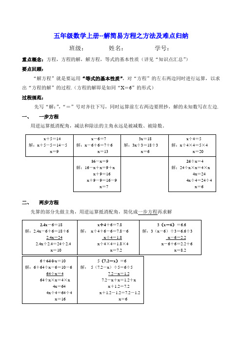 五年级数学上册-解简易方程方法及难点归纳