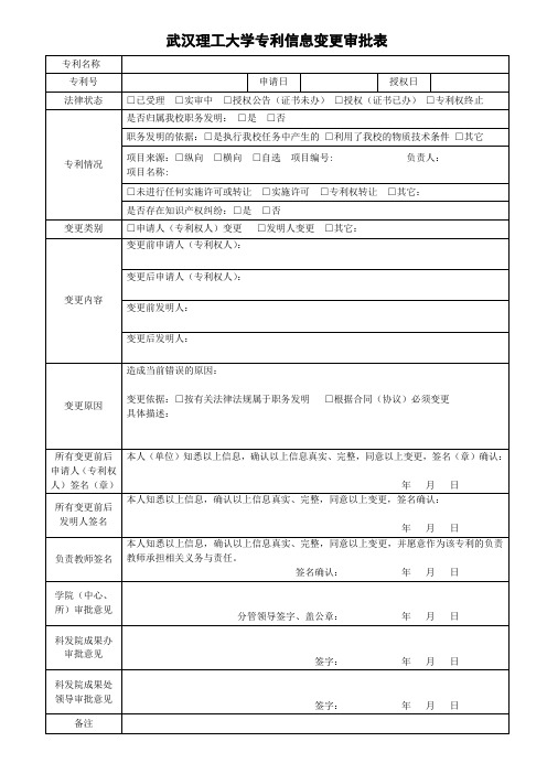 武汉理工大学专利信息变更审批表.doc-武汉理工大学信息公开