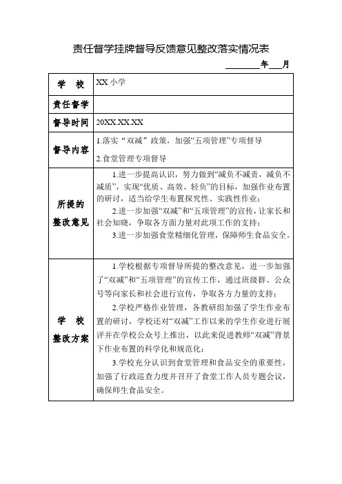 责任督学挂牌督导反馈意见整改落实情况表