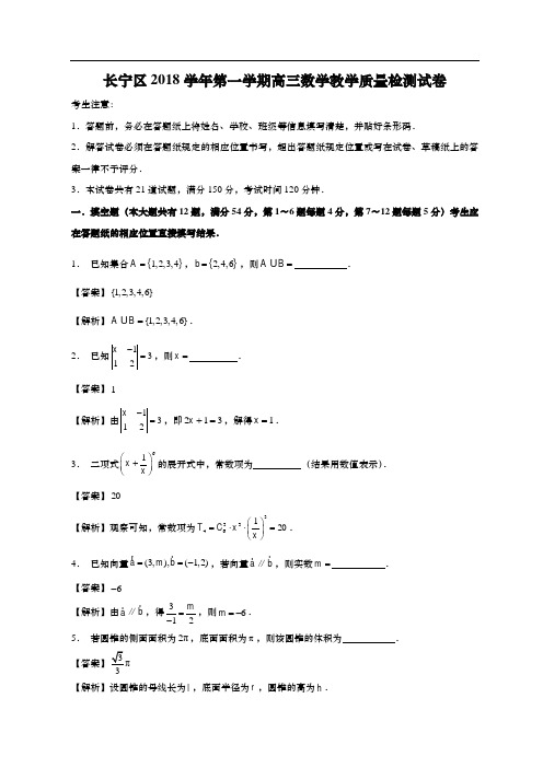 2019届上海市长宁区高三数学一模详细答案