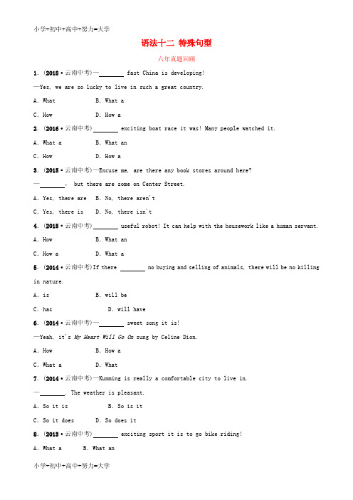 配套K12云南省2019年中考英语总复习 第2部分 语法专题复习 语法十二 特殊句型六年真题回顾