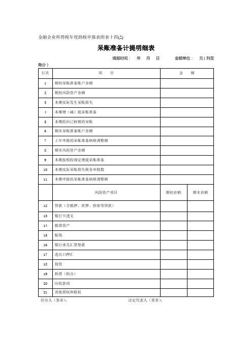 金融企业所得税年度纳税申报表附表十四(2)呆账准备计提明细表