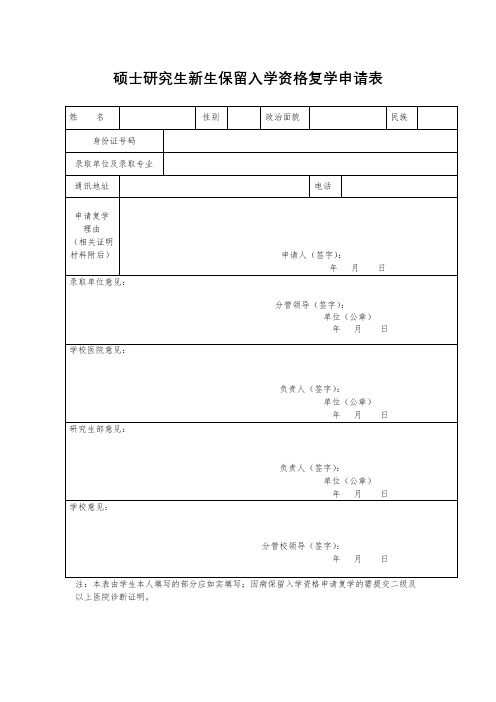 硕士研究生新生保留入学资格复学申请表【模板】