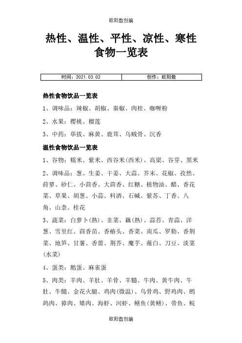 热性、温性、平性、凉性、寒性食物一览表之欧阳数创编