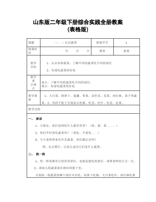 二年级下册综合实践全册教案(表格版)