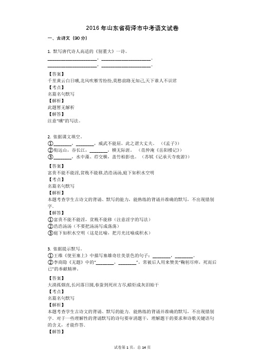 2016年山东省荷泽市中考语文试卷