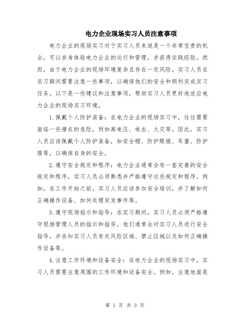 电力企业现场实习人员注意事项