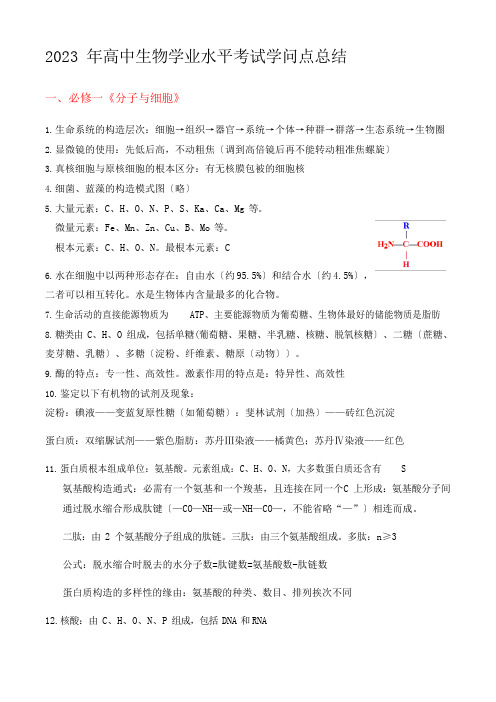 2023年高中生物学业水平考试知识点总结