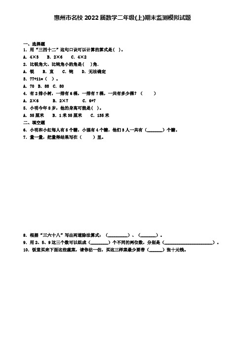 惠州市名校2022届数学二年级(上)期末监测模拟试题