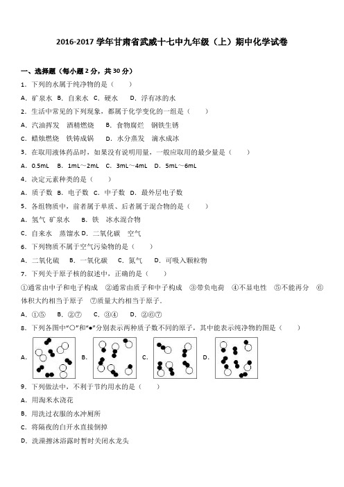 甘肃省武威十七中2017届九年级(上)期中化学试卷(解析版)