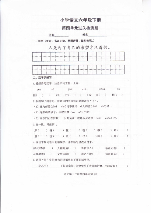 六年级下册语文单元测试-第四单元过关检测∣人教新课标(pdf,无答案)
