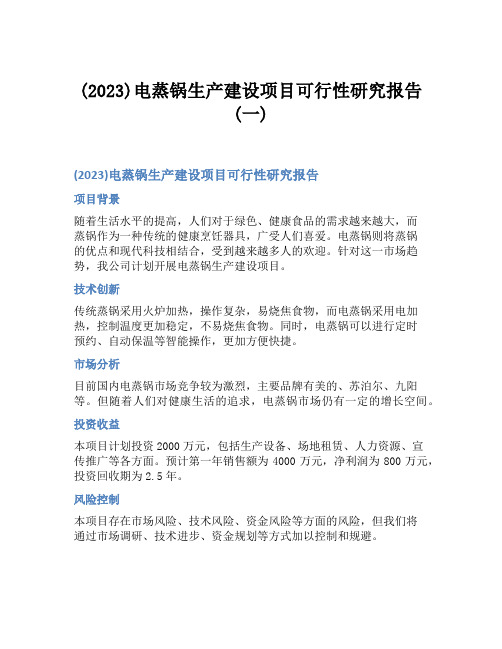 (2023)电蒸锅生产建设项目可行性研究报告(一)