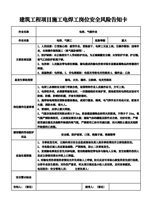 建筑工程项目施工电焊工岗位安全风险告知卡范本