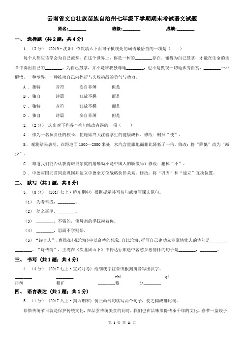 云南省文山壮族苗族自治州七年级下学期期末考试语文试题