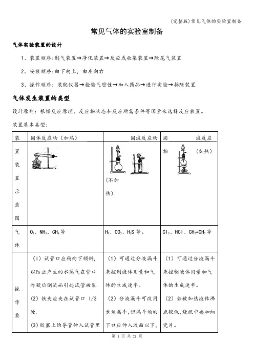 (完整版)常见气体的实验室制备