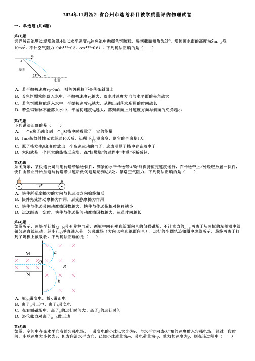 2024年11月浙江省台州市选考科目教学质量评估物理试卷