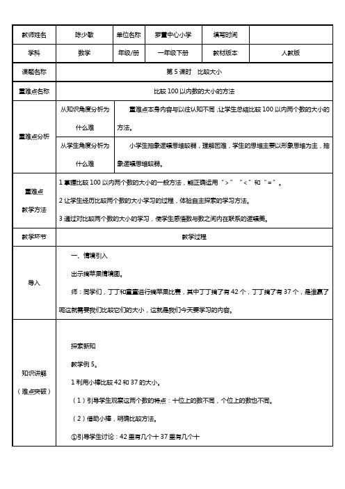 一年级数学教案 比较100以内数的大小的方法-国赛一等奖