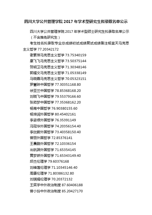 四川大学公共管理学院2017年学术型研究生拟录取名单公示