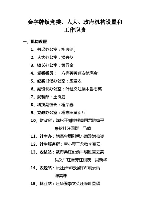 金字牌镇党委,人大,政府机构设置和