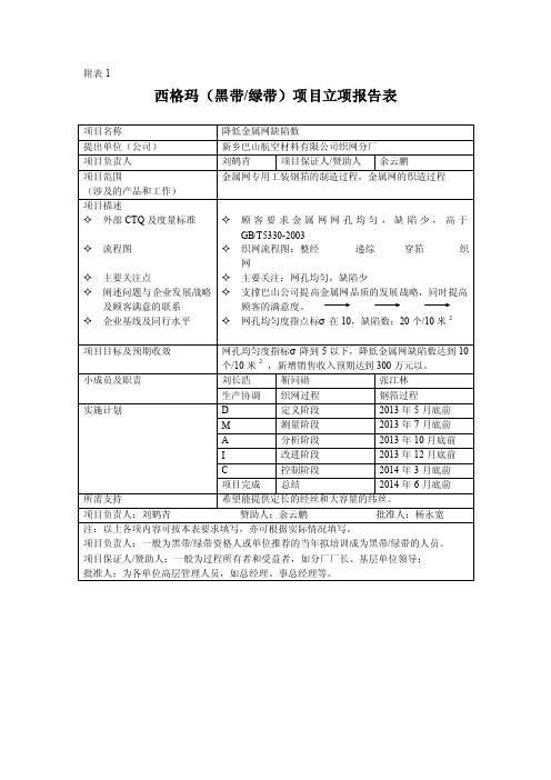 精益六西格玛（黑带绿带）项目立项报告表