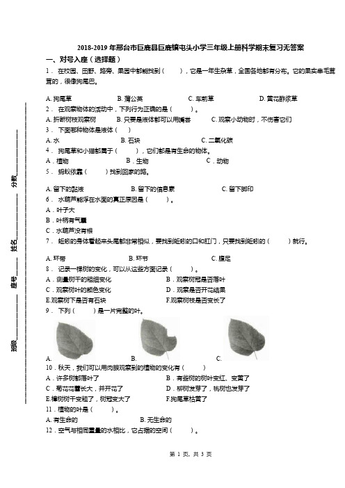 2018-2019年邢台市巨鹿县巨鹿镇屯头小学三年级上册科学期末复习无答案