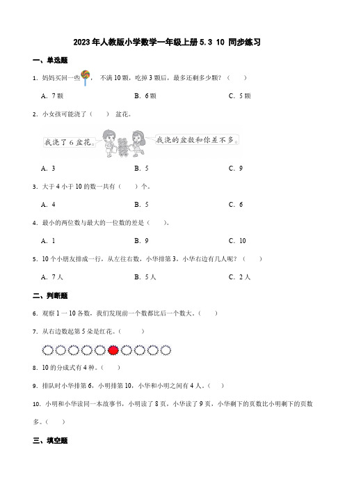 2023年人教版小学数学一年级上册5.3 10 同步练习