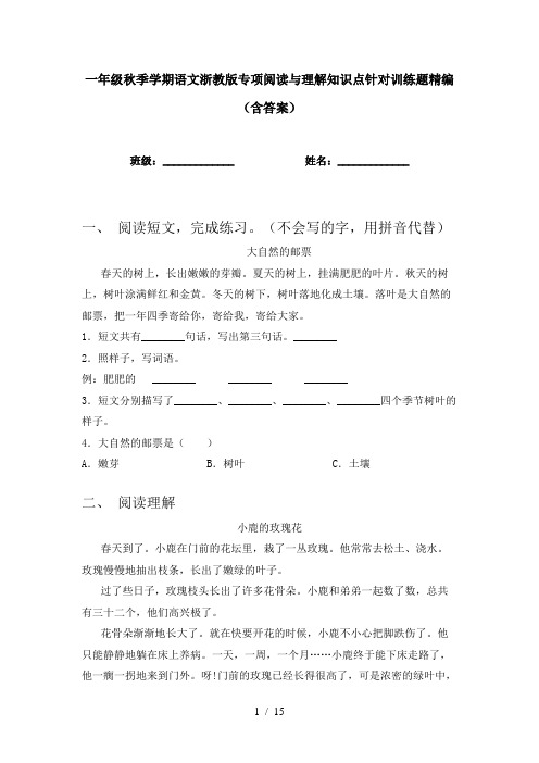 一年级秋季学期语文浙教版专项阅读与理解知识点针对训练题精编(含答案)