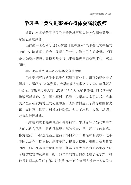 学习毛丰美先进事迹心得体会高校教师