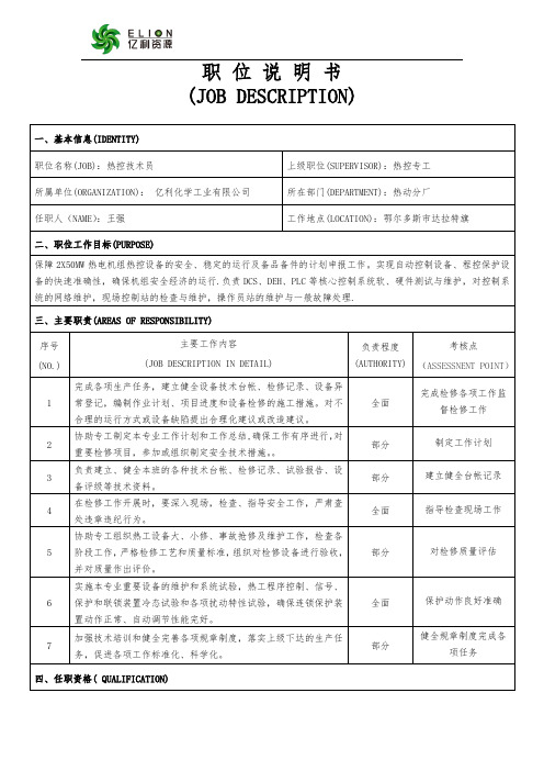 热工技术员职位说明书